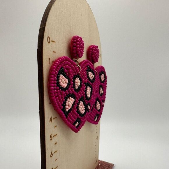 Pink Cheetah Heart Print Seed Bead Handmade Dangle Boutique Earrings New Beaded - Picture 5 of 8